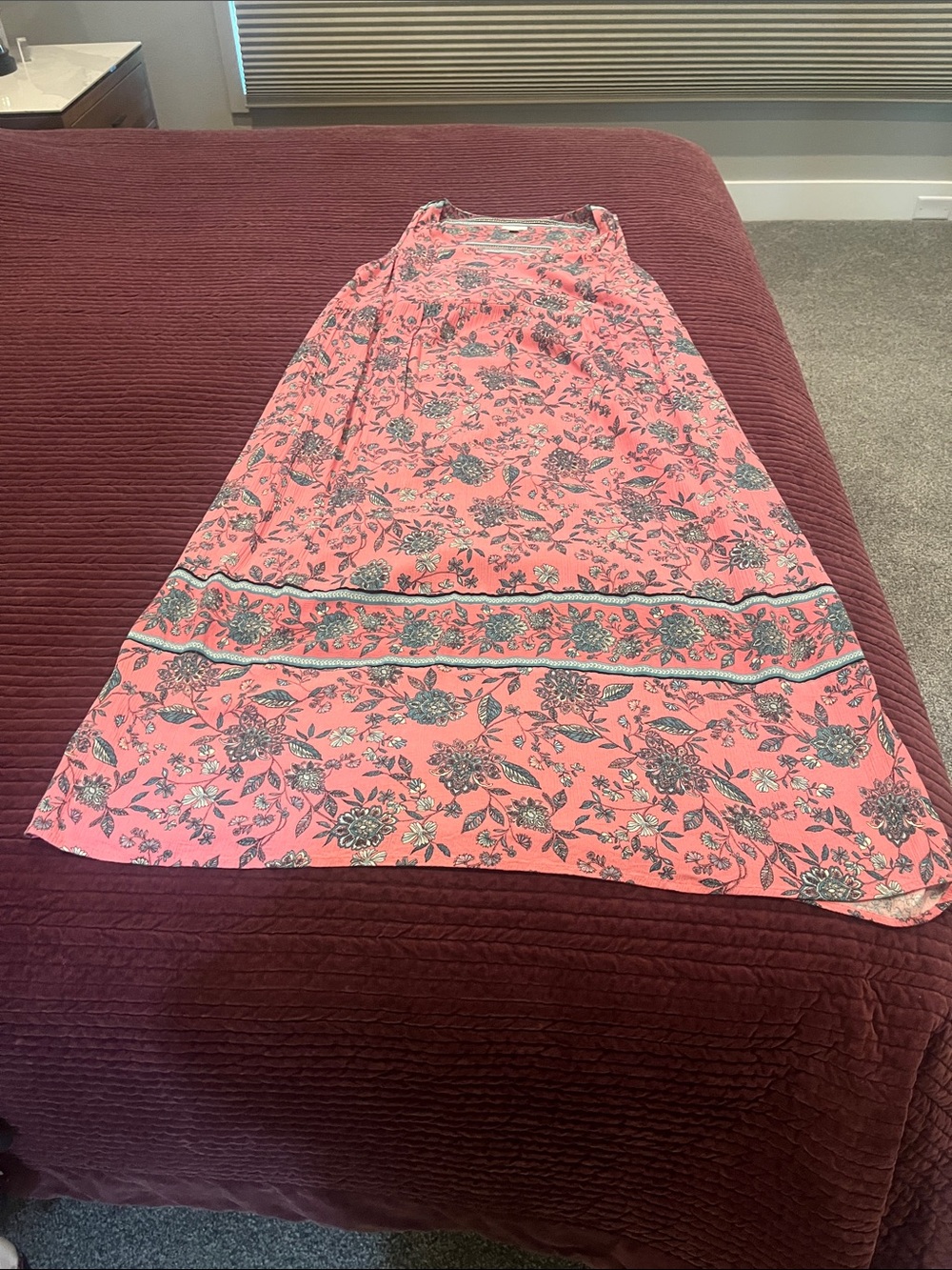 J. Jill Pink Floral Maxi Dress with Blue-Gray Border